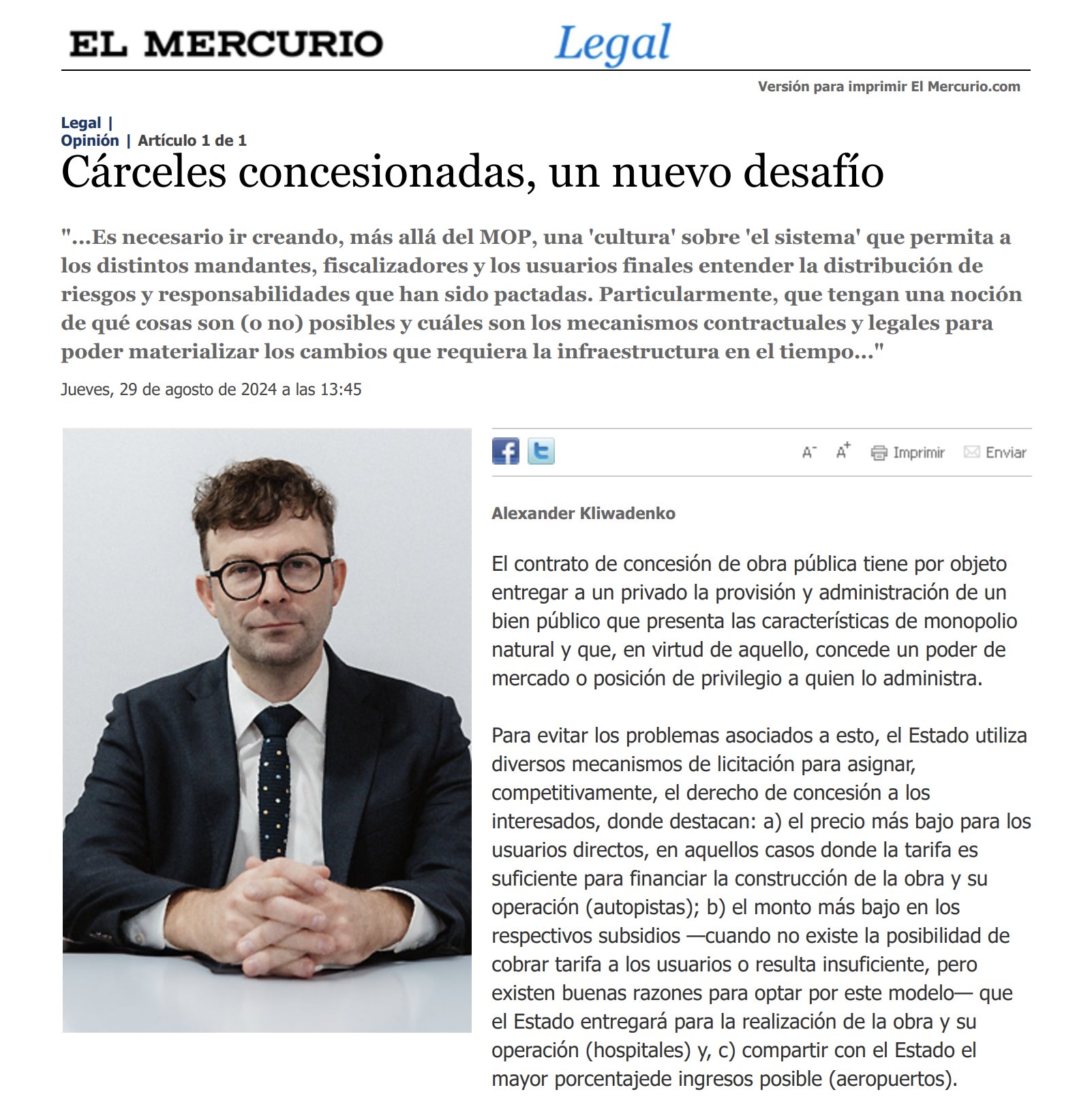 Columna de opinión de nuestro socio Alexander Kliwadenko, publicada en el ELMercurio Legal: “Cárceles concesionadas, un nuevo desafío”